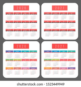 Calendar set 2020 and 2021. Square vector calender design template. English colorful collection. Week starts on Sunday. New year