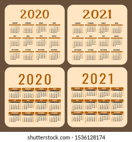 Calendar set 2020 and 2021. Square vector calender design template. English color collection. Week starts on Sunday. New year