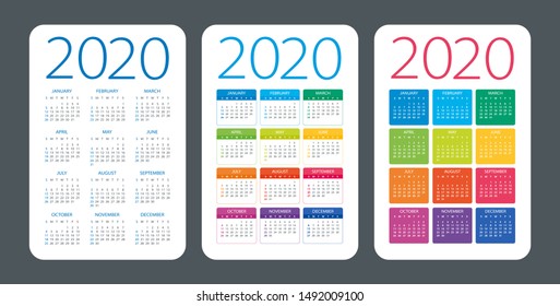 Calendar set 2020 year - vector illustration. Week starts on Sunday