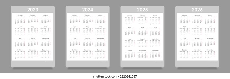 Calendar set for 2023, 2024, 2025, 2026. Week starts on Monday, portrait orientation, black and white, English