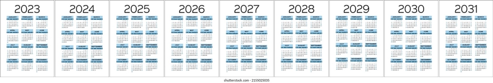 Calendario fijado de 2023 a 2031 años. Diseño de calénder de bolsillo de vectores de color 2024, 2025 y 2026. La semana comienza el domingo. Enero, febrero, marzo