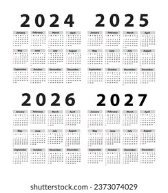 Calendar set 2024; 2025; 2026; 2027,  starting from Sunday. Vector illustration