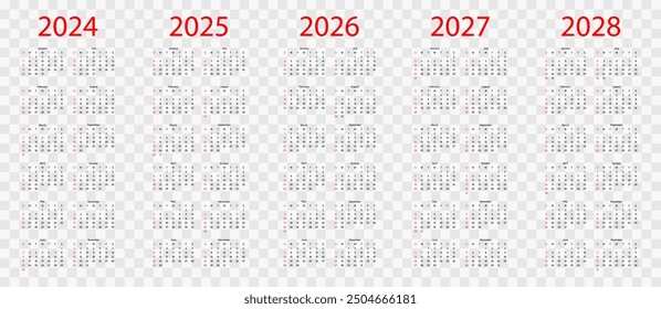 Calendario de 2024, 2025, 2026, 2027 y 2028 años. Ilustración vectorial. Plantilla simple aislada sobre fondo transparente
