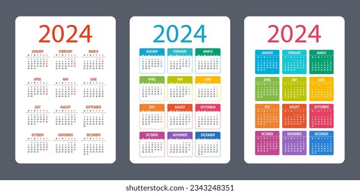 Kalendersatz 2024 Jahr - Vektorgrafik. Die Woche beginnt am Montag