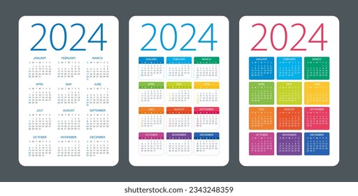 Calendar set 2024 year - vector illustration. Week starts on Sunday