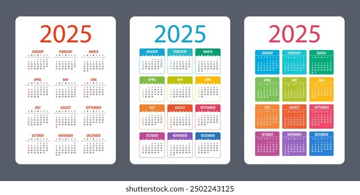 Calendar set 2025 year - vector illustration. Week starts on Sunday
