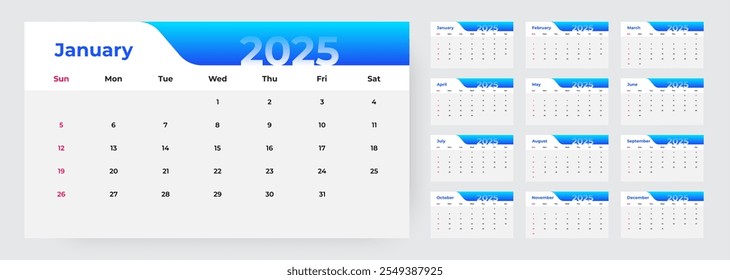 Calendario Fijado para el año 2025. La semana comienza el domingo. Diseño del calendario 2025, conjunto de 12 meses