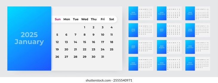 Calendar Set for 2025 year. Week starts on Sunday. 2025 calendar design, set of 12 months