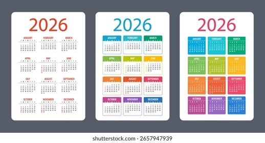 Calendar set 2026 year - vector illustration. Week starts on Sunday