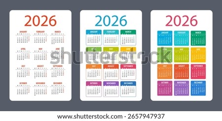 Calendar set 2026 year - vector illustration. Week starts on Monday