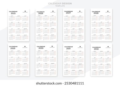 Calendar set design for 2025, 2026, 2027,2028, 2029, 2030, 2031, 2032 daily planner design