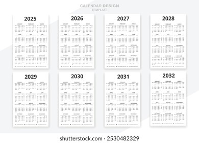 Calendar set design for 2025, 2026, 2027,2028, 2029, 2030, 2031, 2032 daily planner design
