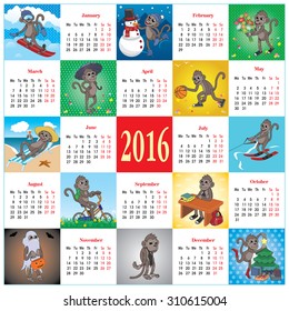 calendar with a set of different cartoon monkeys for different months of 2016