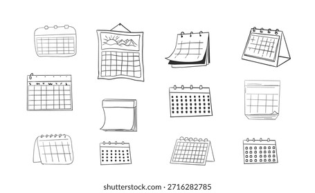 Conjunto de calendario doodle icono de cuadrícula, dibujo a mano. Planificador de programación de líneas colgantes. Recordatorio y calendario con un cheque.