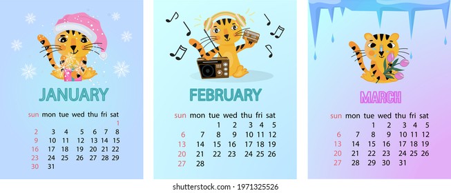 calendar set with the first three months of the year. January, February, March. Little funny tiger cubs which are a symbols of the New Year for Greeting cards. Poster, Banner, Brochure, Calendar. Vector, cartoon