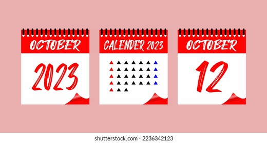 Calendar set icon.  12 October 2023. Days of the year. Vector illustration sign label. Event schedule date. Meeting appointment time. Agenda plan. Planner diary in a minimalism style.