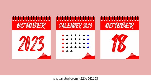 Calendar set icon.  18 October 2023. Days of the year. Vector illustration sign label. Event schedule date. Meeting appointment time. Agenda plan. Planner diary in a minimalism style.