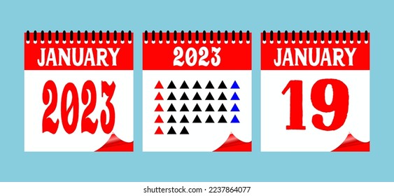 Calendar set icon. 19 January 2023. Days of the year. Vector illustration sign label. Event schedule date. Meeting appointment time. Agenda plan. Planner diary in a minimalism style.