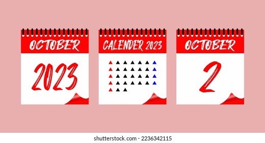 Calendar set icon.  2 October 2023. Days of the year. Vector illustration sign label. Event schedule date. Meeting appointment time. Agenda plan. Planner diary in a minimalism style.