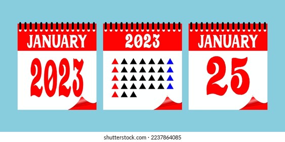 Icono de conjunto de calendarios. 25 de enero de 2023. Días del año. Etiqueta de signo de la ilustración del vector. Fecha de programación del evento. Hora de cita de la reunión. Plan de programa. Diario de planificación con un estilo minimalista.