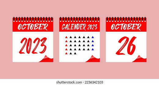 Calendar set icon.  26 October 2023. Days of the year. Vector illustration sign label. Event schedule date. Meeting appointment time. Agenda plan. Planner diary in a minimalism style.