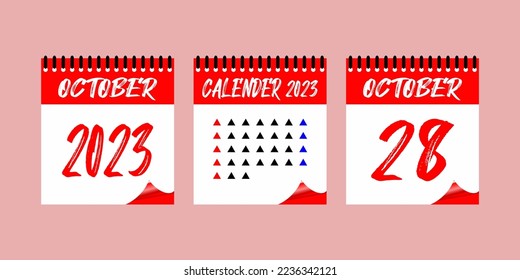Calendar set icon.  28 October 2023. Days of the year. Vector illustration sign label. Event schedule date. Meeting appointment time. Agenda plan. Planner diary in a minimalism style.