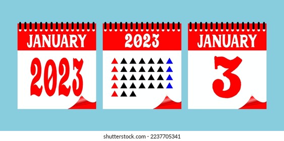 Calendar set icon. 3 January 2023. Days of the year. Vector illustration sign label. Event schedule date. Meeting appointment time. Agenda plan. Planner diary in a minimalism style.
