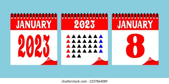 Calendar set icon. 8 January 2023. Days of the year. Vector illustration sign label. Event schedule date. Meeting appointment time. Agenda plan. Planner diary in a minimalism style.