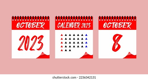 Icono de conjunto de calendarios.  8 de octubre de 2023. Días del año. Etiqueta de signo de la ilustración del vector. Fecha de programación del evento. Hora de cita de la reunión. Plan de programa. Diario de planificación con un estilo minimalista.