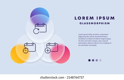 Icono de conjunto de calendarios. Agregue un evento, actualice, vea eventos, tiempo menegment, calendario. Concepto de anuario. Estilo de glasmorfismo. Icono de línea de vector para negocios y publicidad.