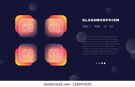Calendar set icon. Alarm clock, reminder, important event, schedule, checkmark, week, day. Date management concept. Glassmorphism style. Vector line icon for Business and Advertising
