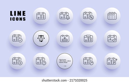 Calendar set icon. Alarm clock, watch, percent, reminder, important event, schedule, checkmark, week, day. Date management concept. Neomorphism style. Vector line icon for Business and Advertising