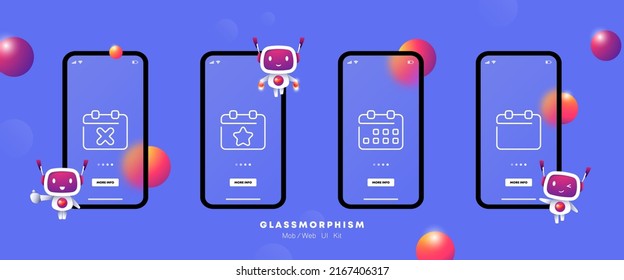 Calendar set icon. Anniversary, important day, note, reminder, year, clock, tick, memorandum, punctuality, week, month. Date concept. Glassmorphism. UI phone app screen. Vector line icon for Business