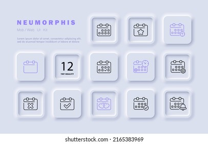 Calendar set icon. Anniversary, time, day, week, month, year, setting, clock, reminder, holiday, tick, cross. Date management concept. Neomorphism style. Vector line icon for Business and Advertising