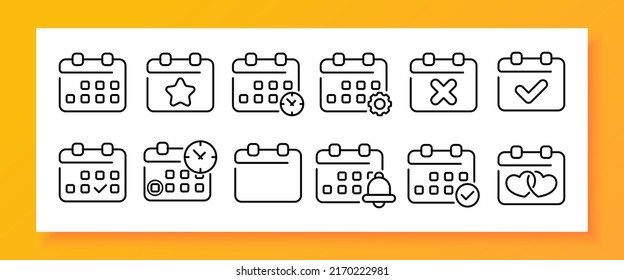 Calendar set icon. Clock, setting, gear, every day, tick, cross, anniversary, reminder, punctuality, bell, alarm clock. Date management concept. Vector line icon for Business and Advertising