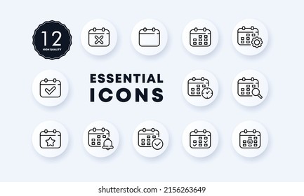 Calendar set icon. Calendar with cross, clock, search, magnifying glass, tick, star, gear, etc. Date management concept. Neomorphism style. Vector line icon for Business and Advertising