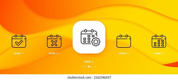 Icono de conjunto de calendarios. Fecha, programa, asignación, marcha, configuración, marca y cruz. Concepto de planificación. Línea de tiempo de infografía con iconos y 5 pasos Icono de línea de vectores para empresas.