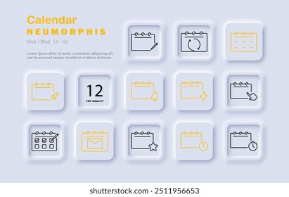 Calendar set icon. Event scheduling, reminders, time management, to-do lists, important dates, neomorphic style, UI elements