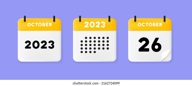 Icono de conjunto de calendarios. Calendario en un fondo azul con 26 de octubre de 2023, 26 números de texto. Recordatorio. Concepto de gestión de fechas. Icono de línea de vector para negocios y publicidad.