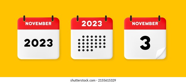 Calendar set icon. Calendar on a yellow background with november, 2022, 3 number text. Reminder. Date management concept. Vector line icon for Business and Advertising.