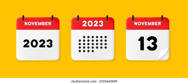 Icono de conjunto de calendarios. Calendario en un fondo amarillo con 13 de noviembre de 2022, 13 números de texto. Recordatorio. Concepto de gestión de fechas. Icono de línea de vector para negocios y publicidad