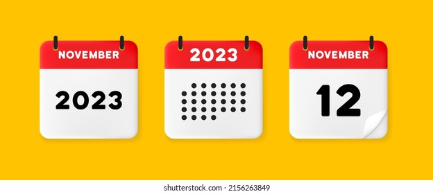 Icono de conjunto de calendarios. Calendario en un fondo amarillo con texto de 12 números el doce de noviembre de 2022. Recordatorio. Concepto de citas. Icono de línea de vector para negocios y publicidad