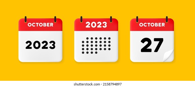 Calendar set icon. Calendar on a yellow background with twenty seven october, 2023, 27 number text. Reminder. Date menegement concept. Vector line icon for Business and Advertising svg