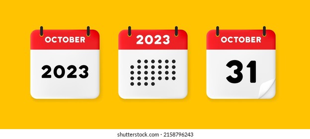 Icono de conjunto de calendarios. Calendario en un fondo amarillo con 31 de octubre de 2023, 31 números de texto. Recordatorio. Concepto de citas. Icono de línea de vector para negocios y publicidad