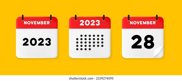 Calendar set icon. Calendar on a yellow background with Twenty eight november, 2023, 28 number text. Reminder. Date menegement concept. Vector line icon for Business and Advertising