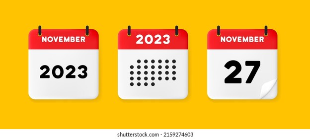 Calendar set icon. Calendar on a yellow background with Twenty seven november, 2023, 27 number text. Reminder. Date menegement concept. Vector line icon for Business and Advertising