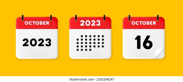Calendar set icon. Calendar on a yellow background with sexteen october, 2023, 16 number text. Reminder. Date management concept. Vector line icon for Business and Advertising.