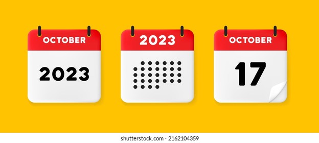 Calendar set icon. Calendar on a yellow background with seventeen october, 2023, 17 number text. Reminder. Date management concept. Vector line icon for Business and Advertising.