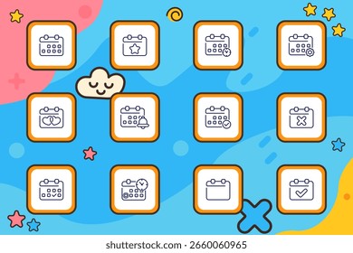 Calendar set icon. Outlined calendar grids with marks for stars, hearts, alerts, checkmarks, clocks, and cancellations shown in square tiles on colorful background