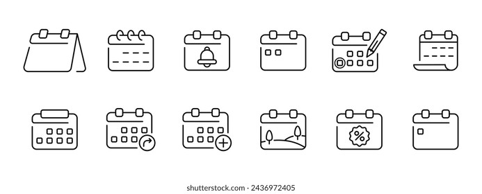 Calendar set icon. Schedule, favorites, holidays, emptiness, meetings, dates, settings, deleting and adding new events, reminders, highlighting special events. Timetable concept. Vector line icon.